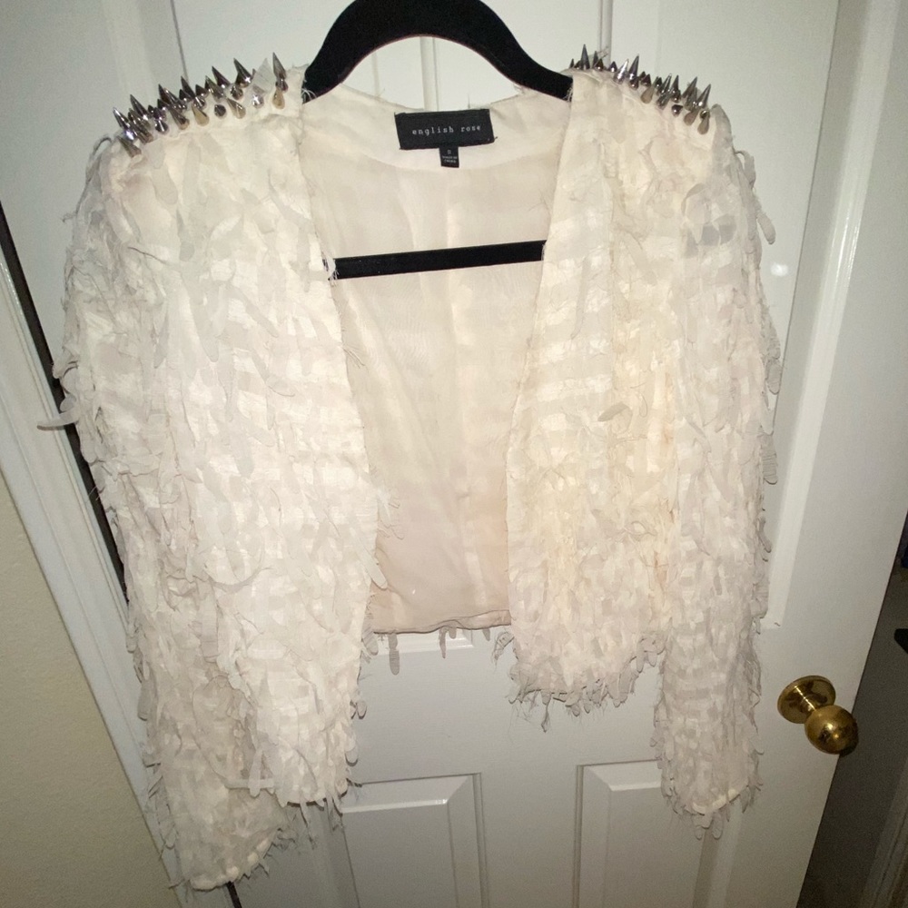 English Rose white fringe bolero jacket w spikes